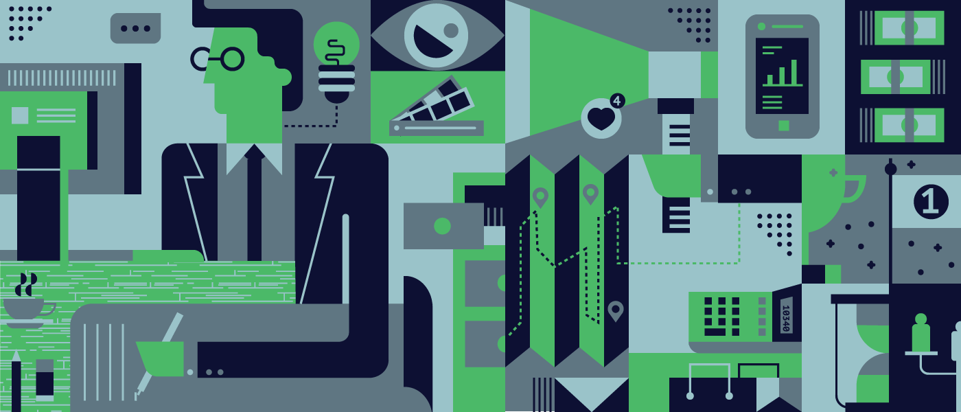 Pattern of business elements in Designwise blue and green brand colors.