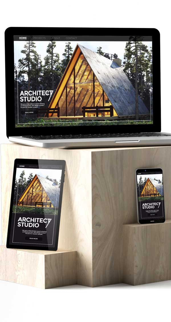 Homepage of an architecture website designed by Designwise shown on multiple devices.