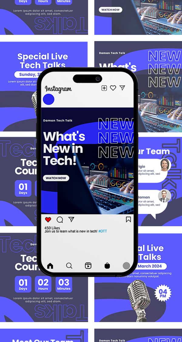 Phone showing an Instagram post graphic over a background of different post designs by Designwise.